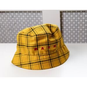 NWT Marni Golden Yellow Plaid Logo Wool Bucket Hat Red Embroidered L RRP $475